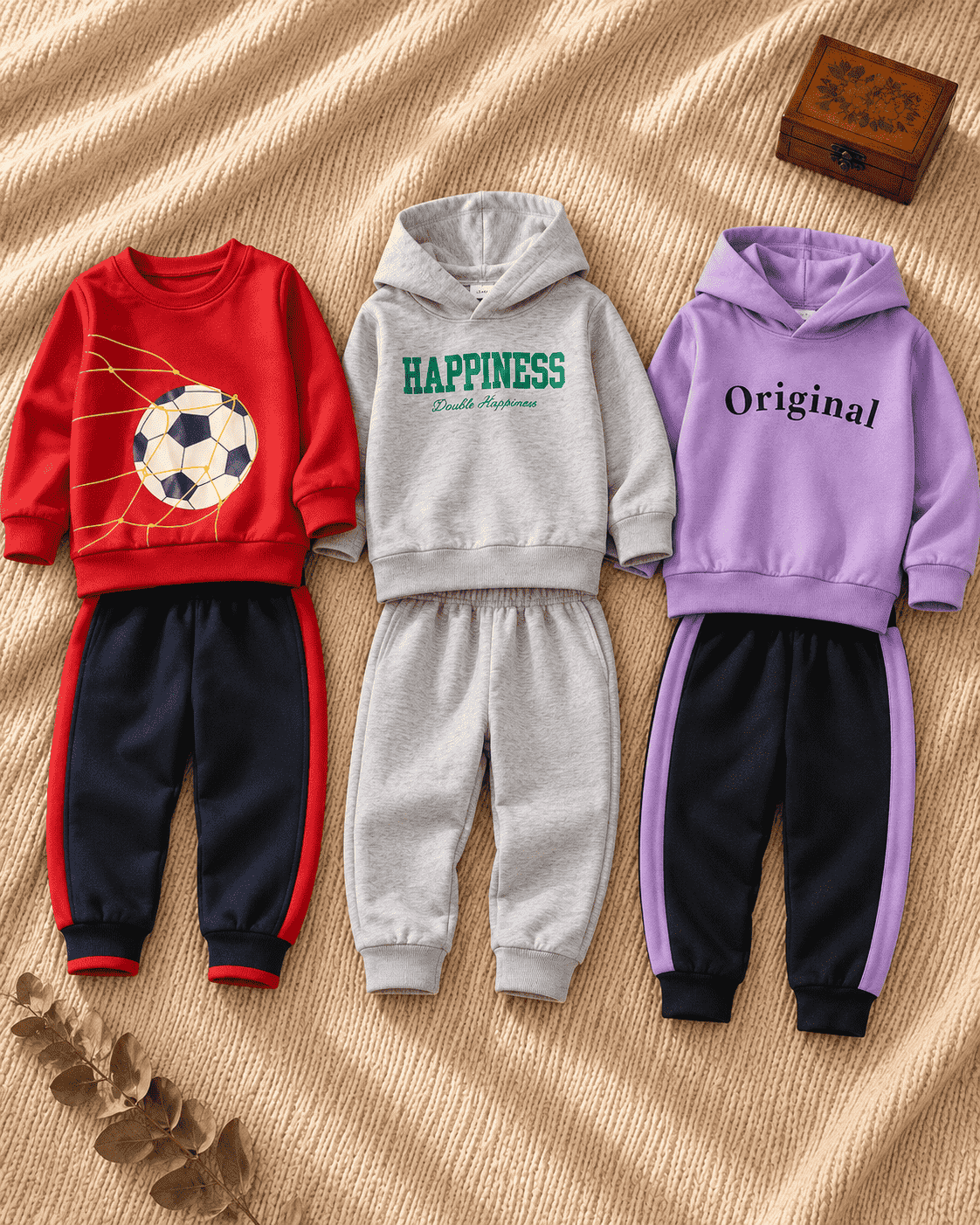 Pack of 3 kids tracksuit sets with red soccer print, grey Happiness hoodie and lavender Original hoodie