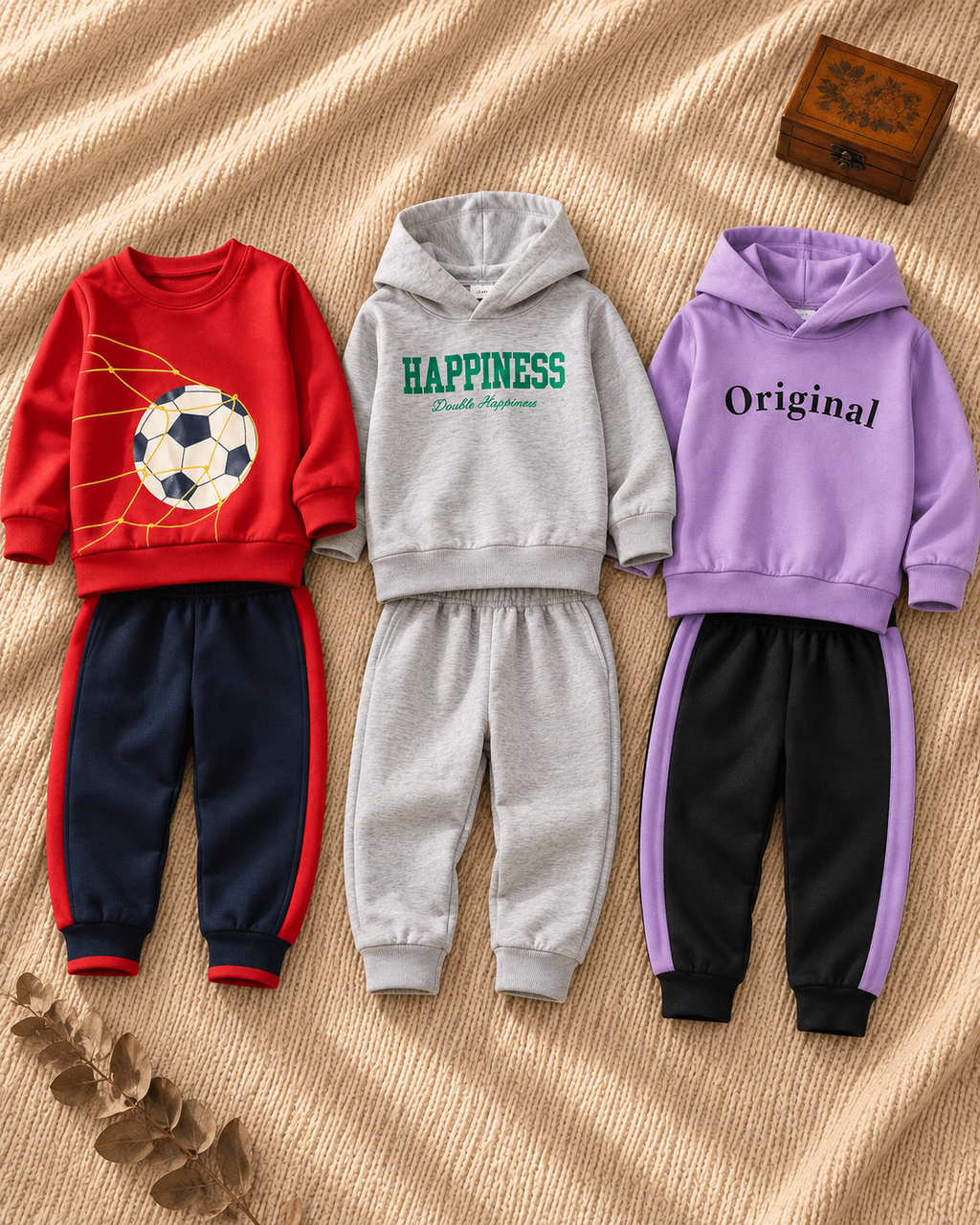 Pack of 3 kids tracksuit sets with red soccer print, grey Happiness hoodie and lavender Original hoodie