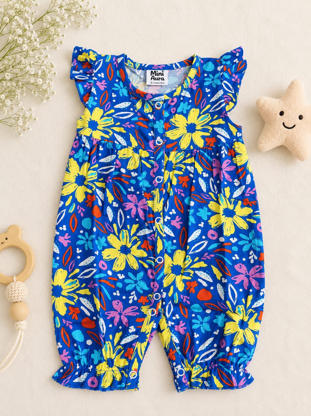 Baby girl bright blue sleeveless romper with yellow and purple floral print and flutter sleeves.