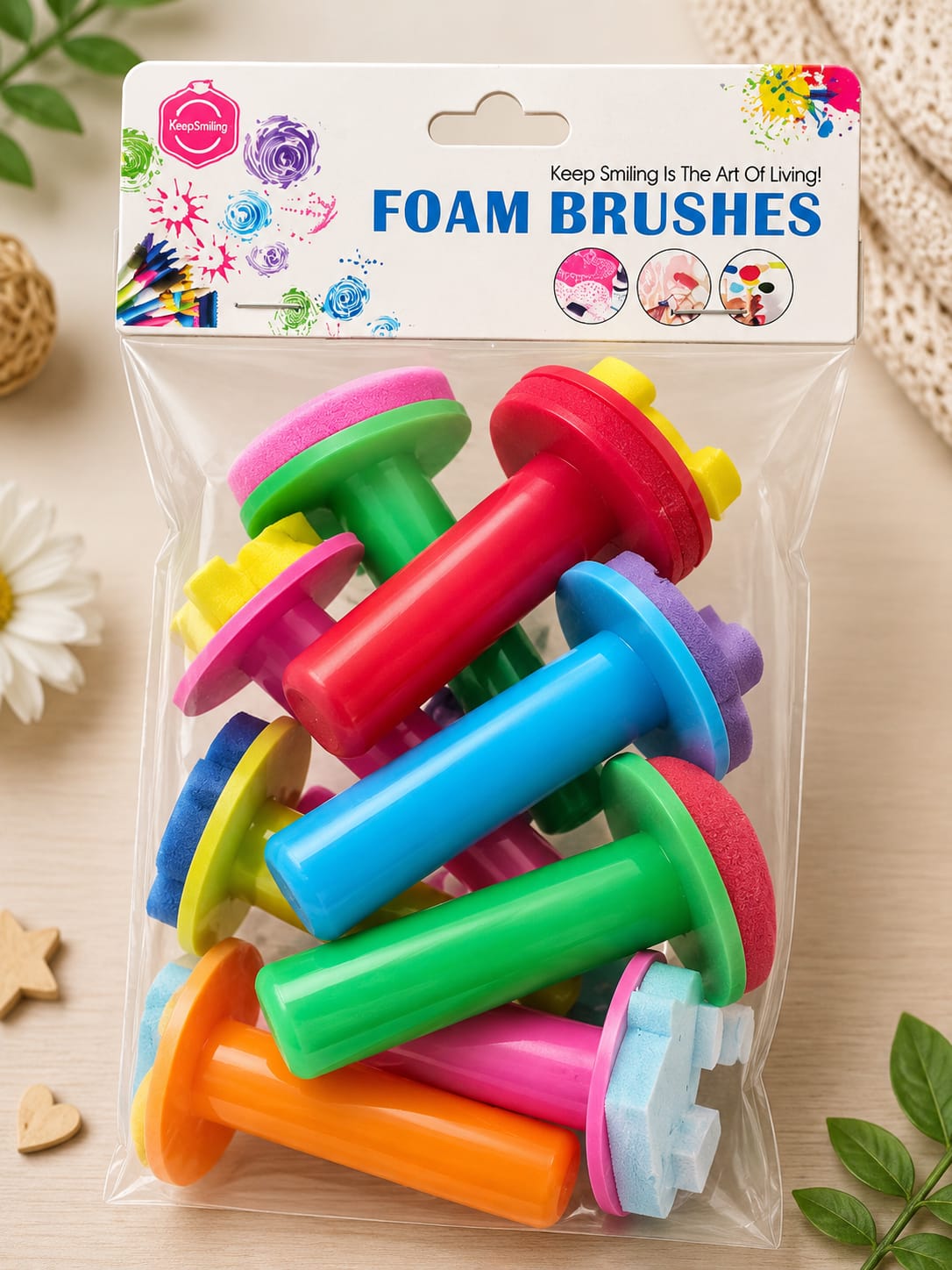 8-piece colorful kids' foam sponge stampers with heart, star, and smiley face shapes.