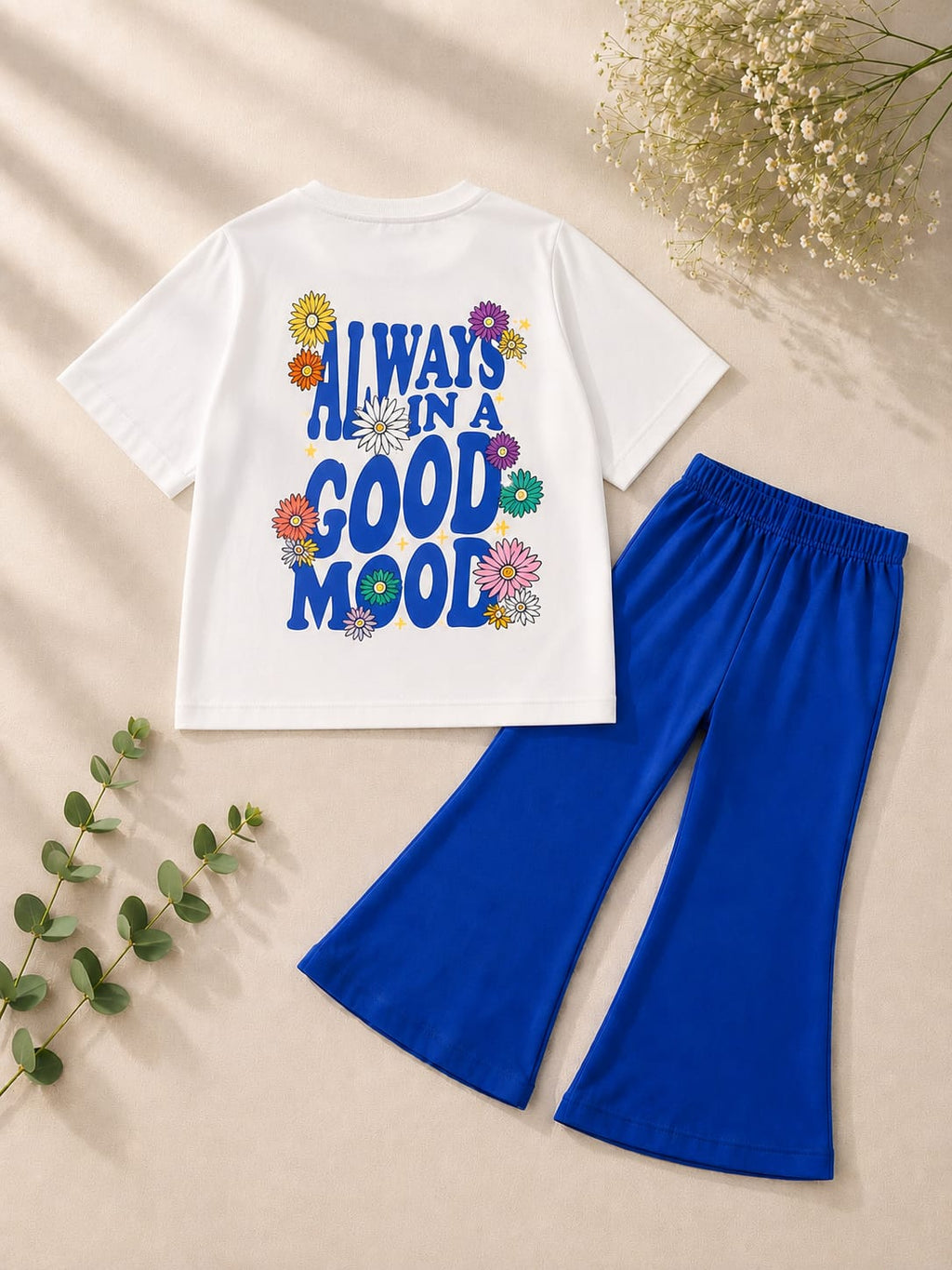 Girls Royal Blue "Good Mood" T-Shirt & Flapper Trouser Set