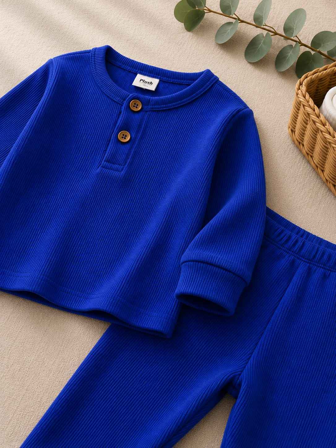 Plush Round Neck Style Ribbed Knit Basic Set - Royal Blue