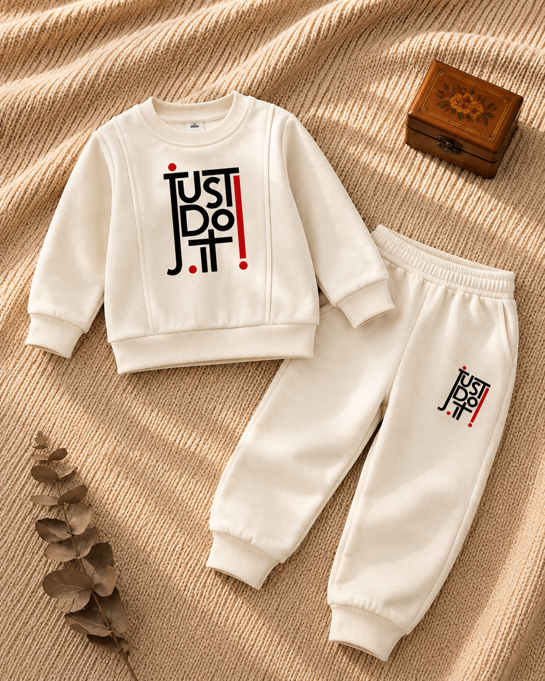 Cream kids sweatshirt and jogger set with bold black and red slogan print