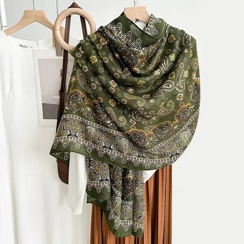 Olive green silk-satin scarf featuring a detailed paisley print and white ornamental border design