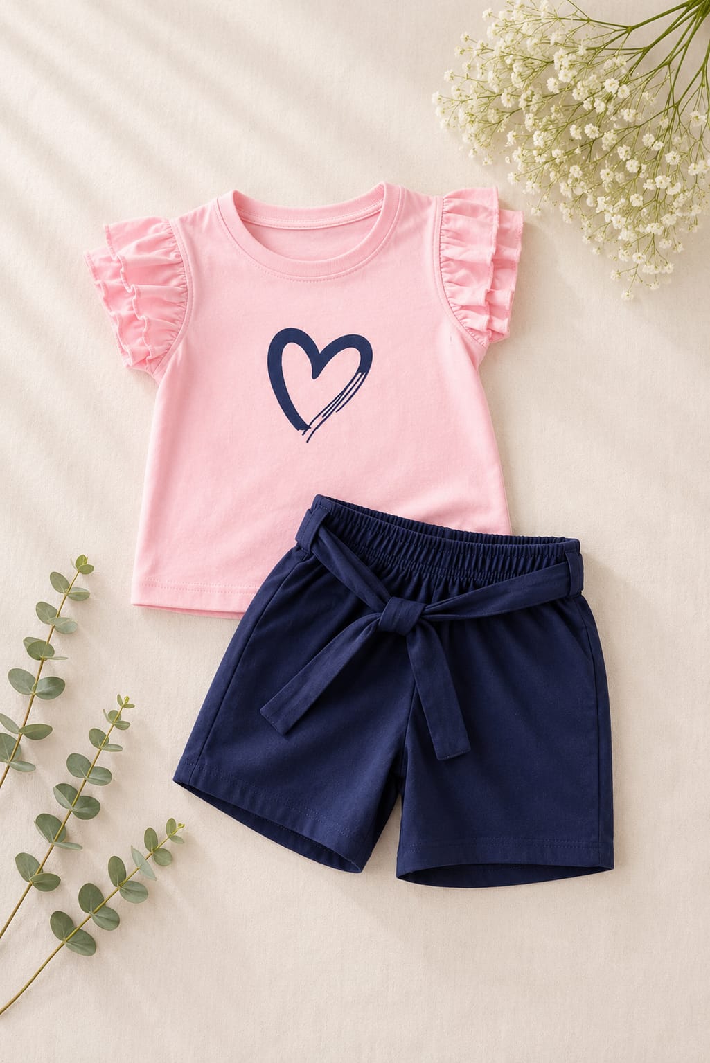 Girls Pink & Navy Heart Print T-Shirt & Shorts Set