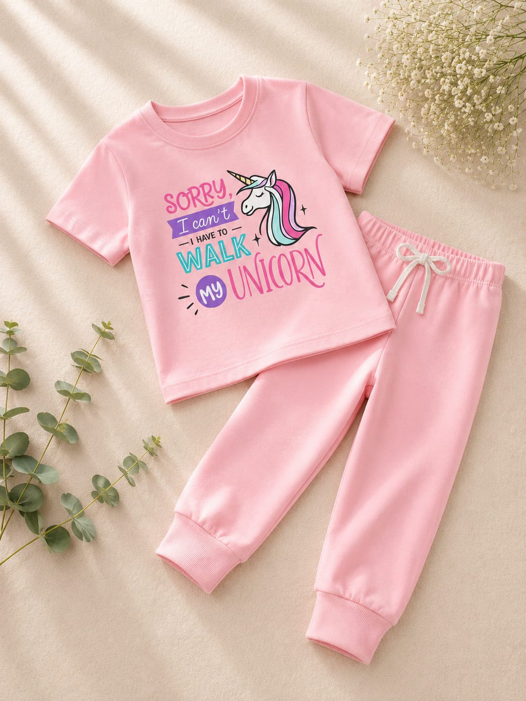 Girls Pink Unicorn T-Shirt & Cuffed Trouser Set