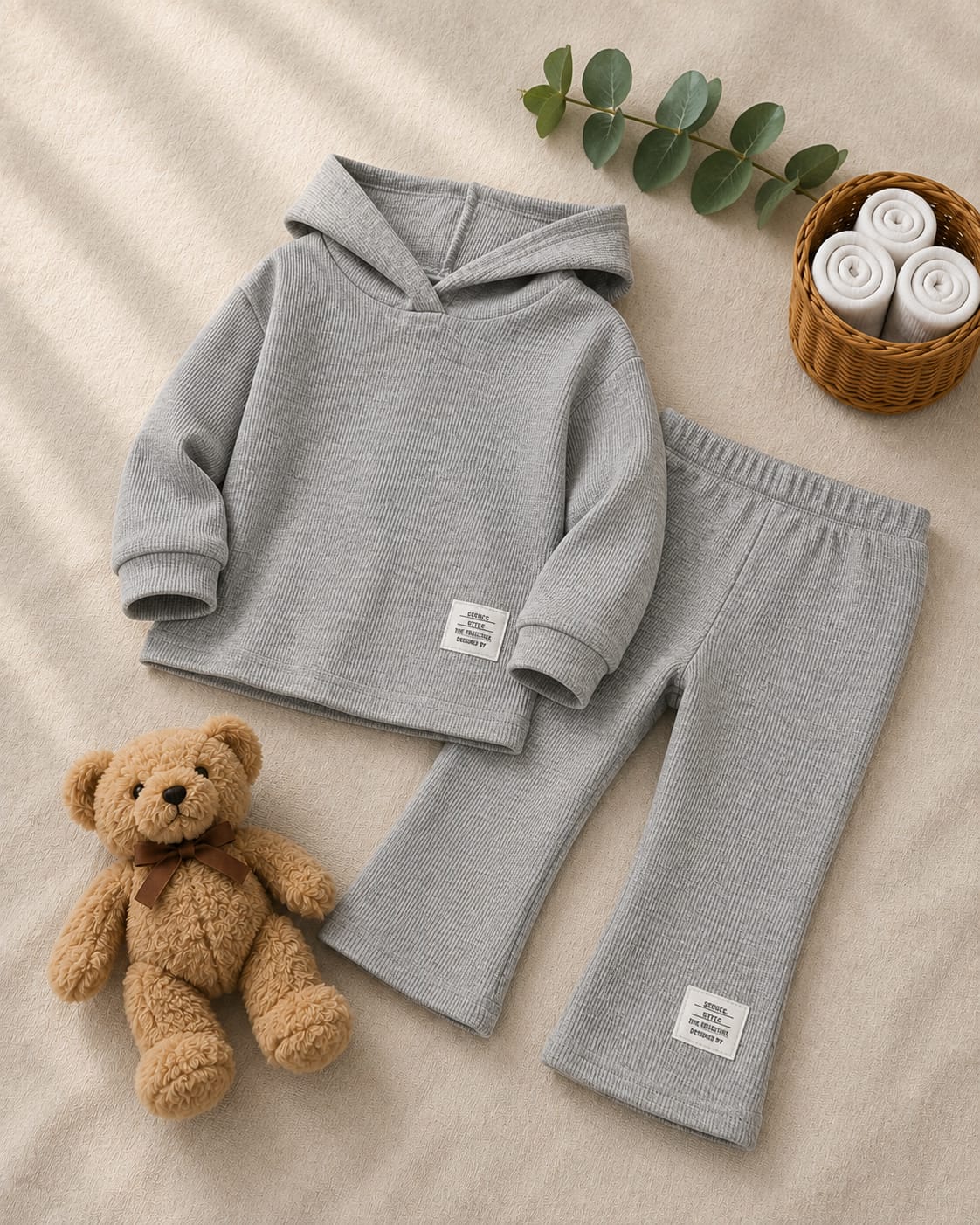 Plush Hoodied Bell Bottom Style Ribbed Knit Basic Set - Grey