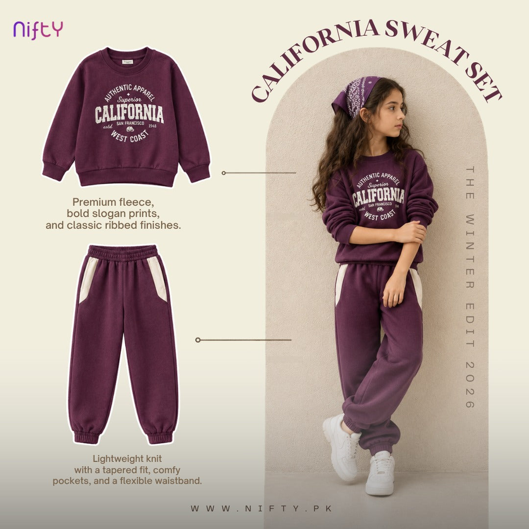 Kids plum California print fleece sweatshirt and jogger set