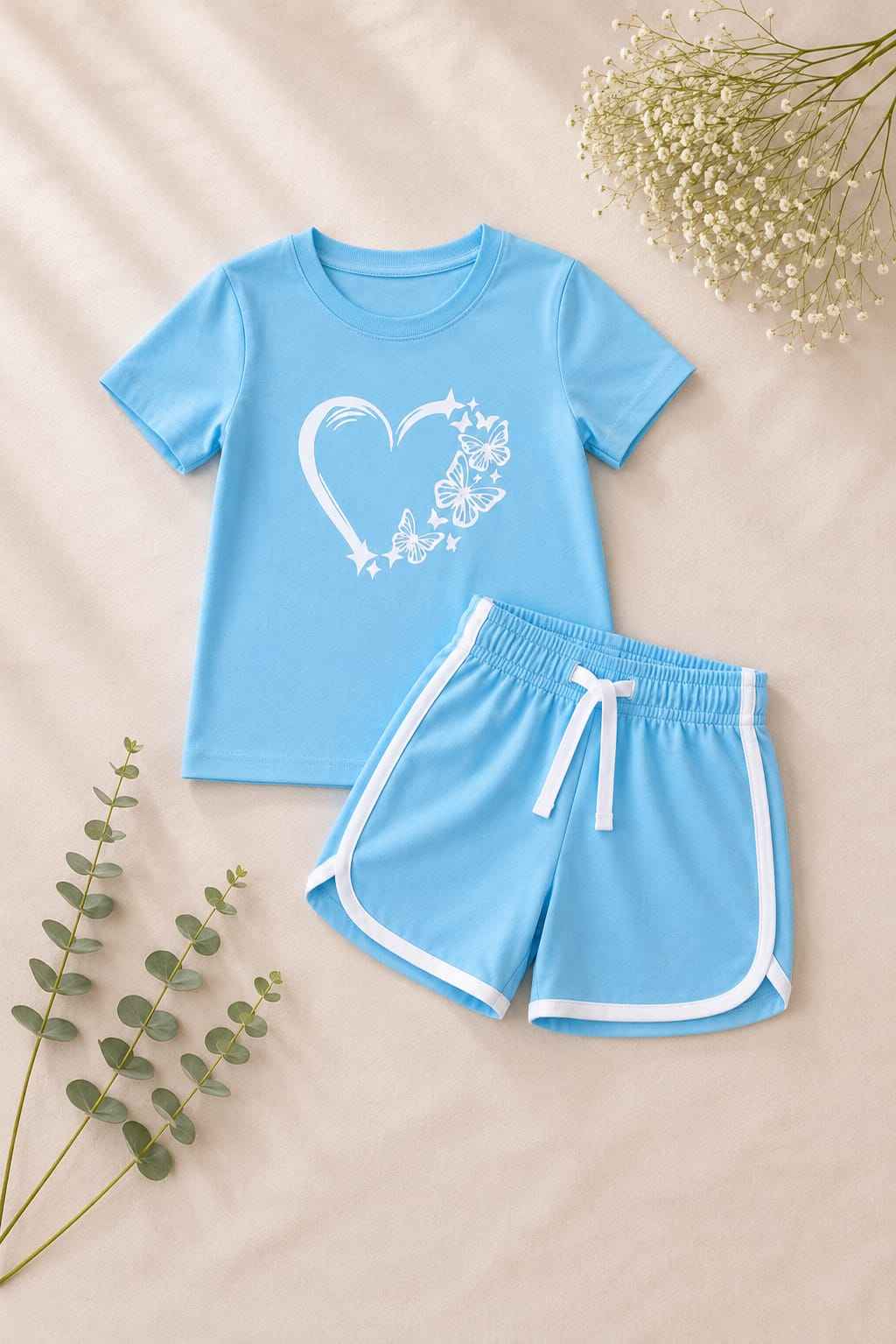 Girls Sky Blue Butterfly Heart T-Shirt & Shorts Set