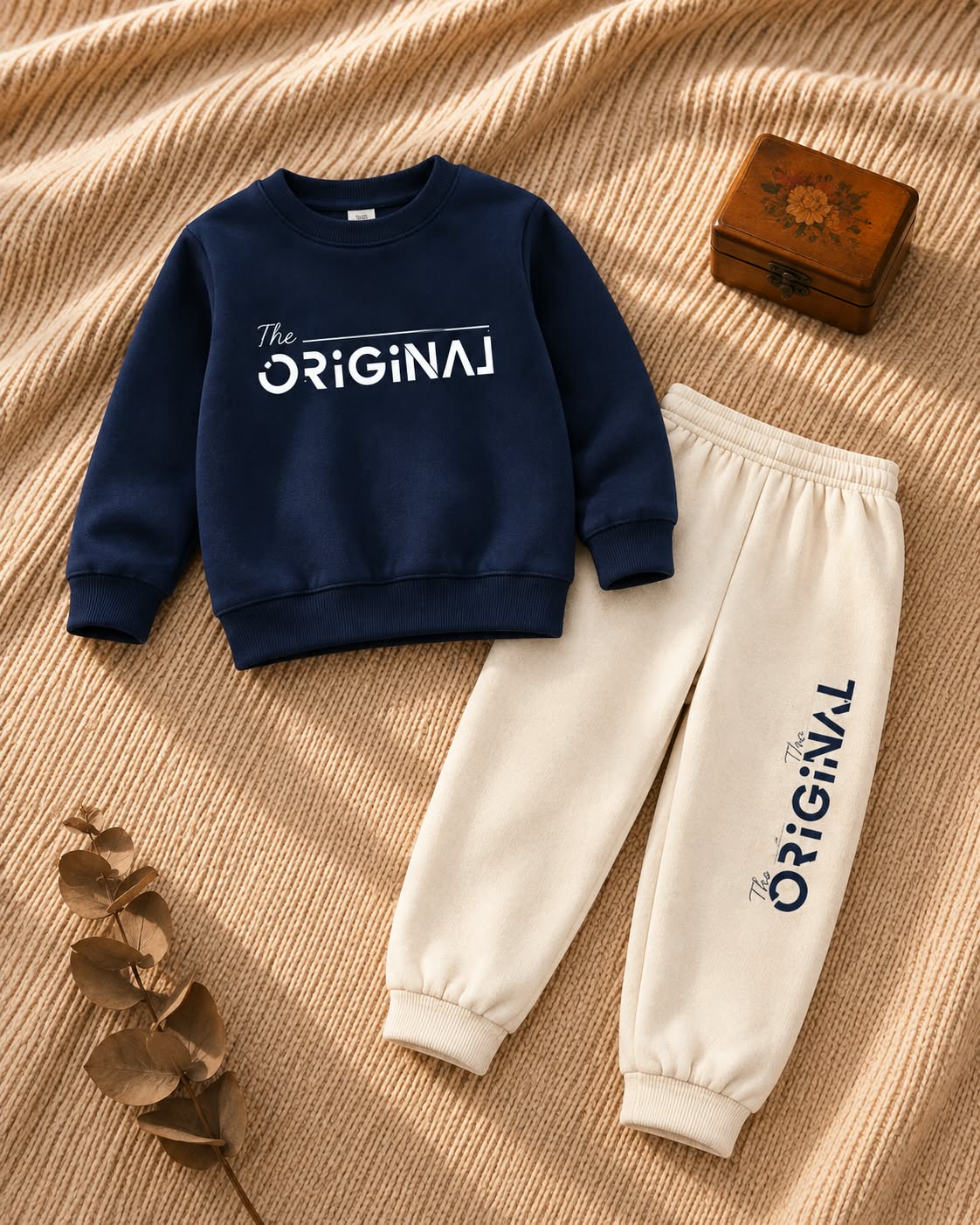 Kids navy The Original print sweatshirt with beige jogger pants