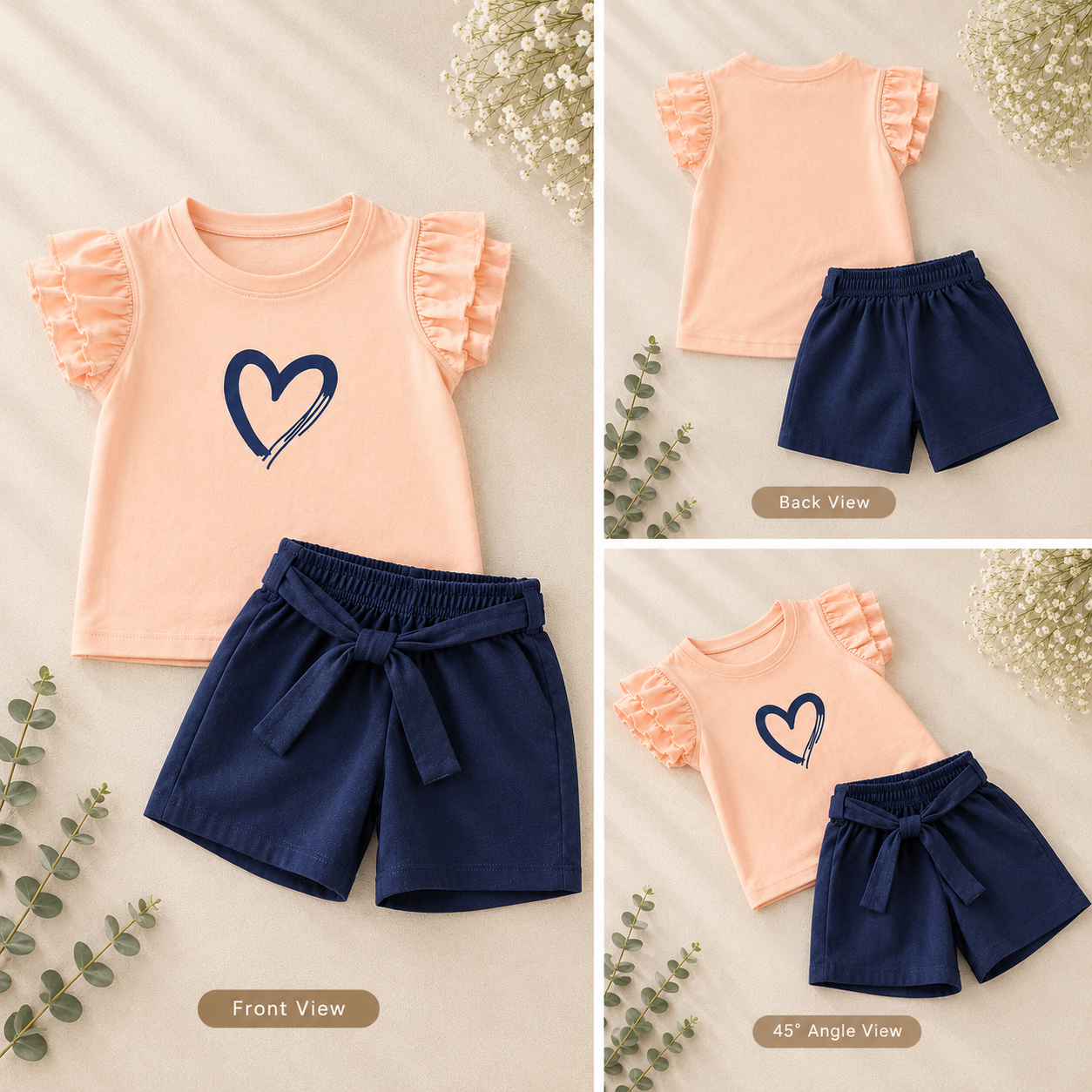 Girls Peach Ruffle Sleeve Heart Print Top & Navy Shorts Set
