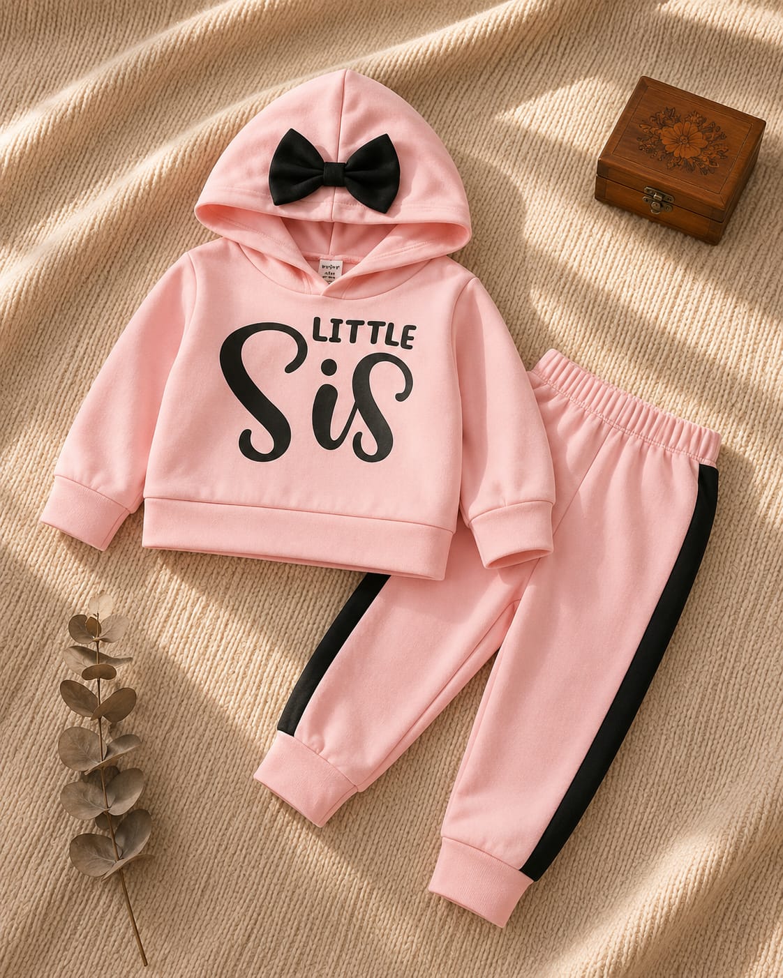 Plush Hoodied Fleece Shirt & Trouser - Little Sis in Light Pink