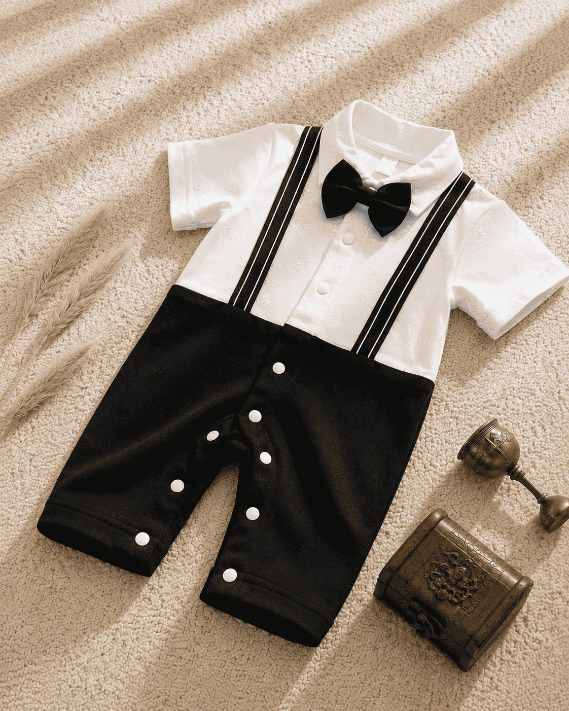 Baby Boy Gentleman Romper with Bow Tie & Suspenders – Black