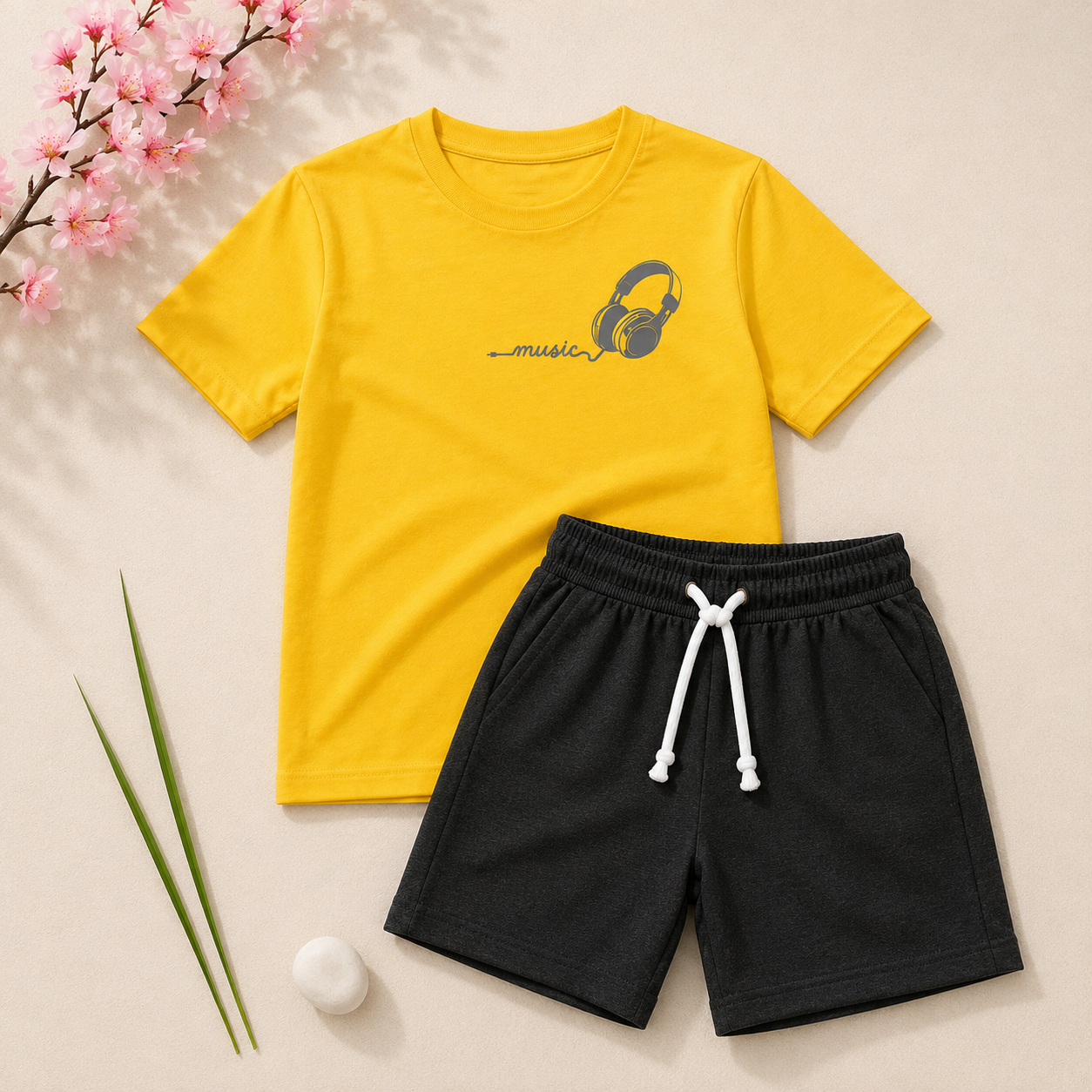 Boys Yellow & Dark Grey Music Headphones T-Shirt & Shorts Set