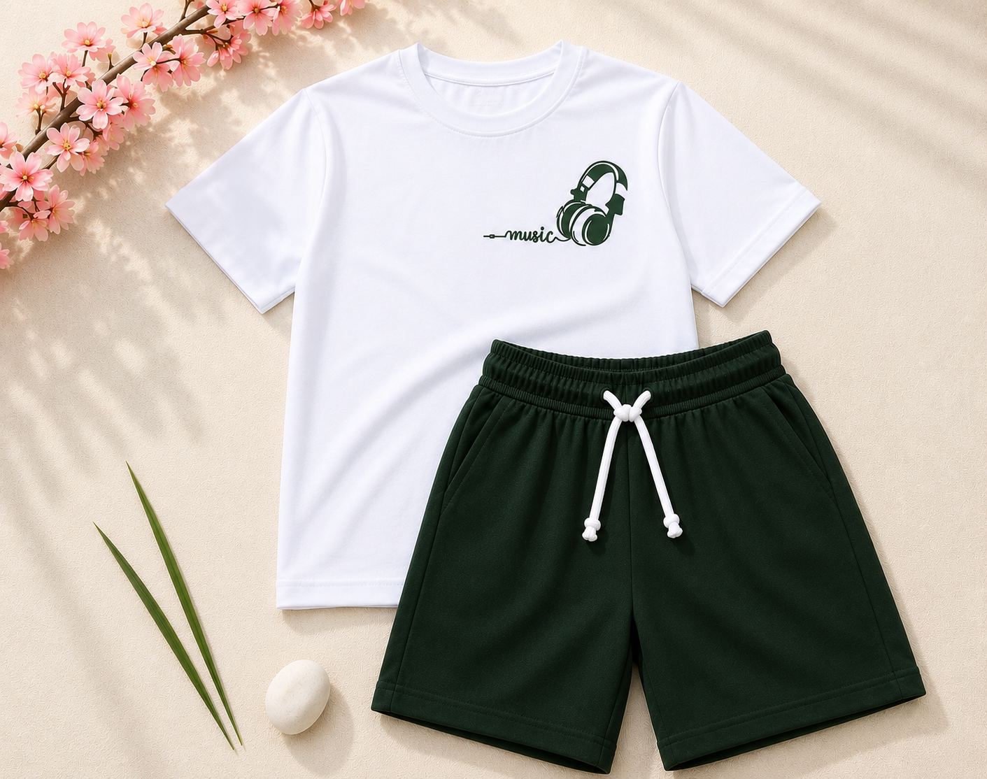 Boys White & Dark Green Music Headphones T-Shirt & Shorts Set