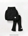 Plush Hoodied Bell Bottom Style Ribbed Knit Basic Set - Black