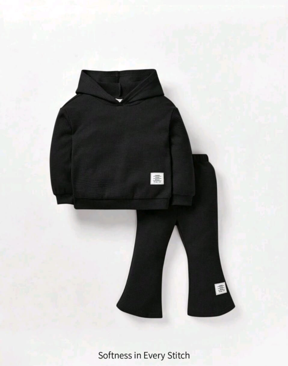 Plush Hoodied Bell Bottom Style Ribbed Knit Basic Set - Black