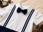 White & Navy Blue Bow Tie Polo Romper for Babies | Soft Interlock Bodysuit