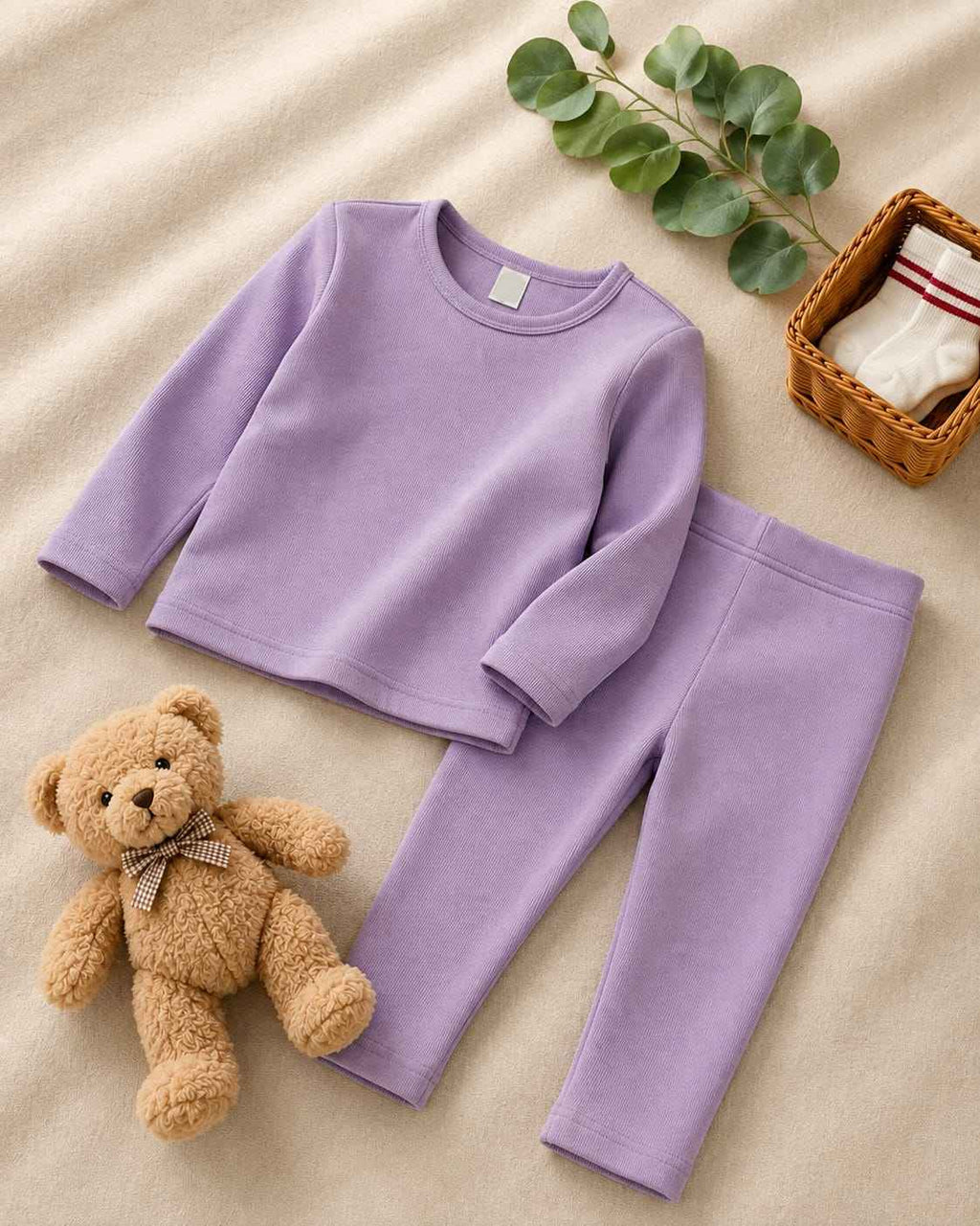 Plush Round Neck Style Ribbed Knit Sweat Set - Lilac Purple