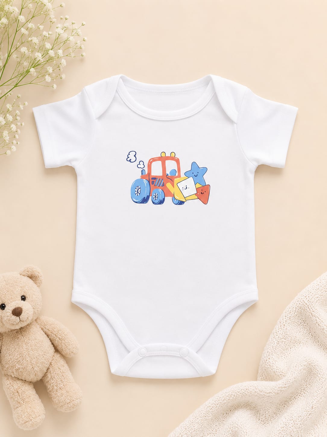White short-sleeve baby bodysuit featuring a cartoon orange tractor graphic by NIFTY.