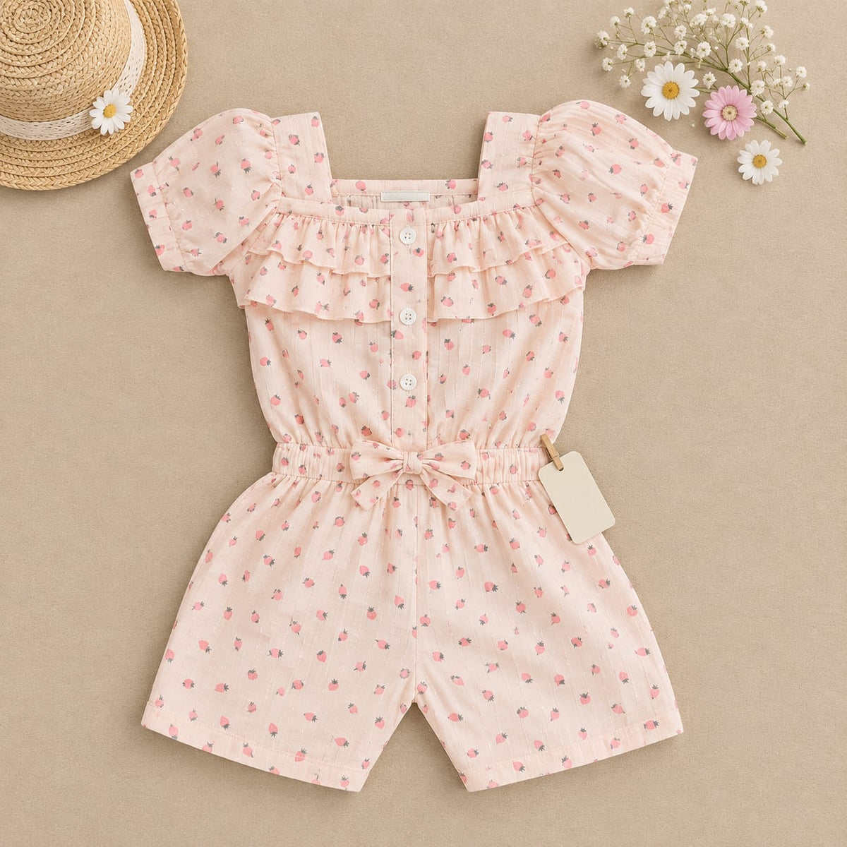 Girls pink strawberry print ruffle romper with bow