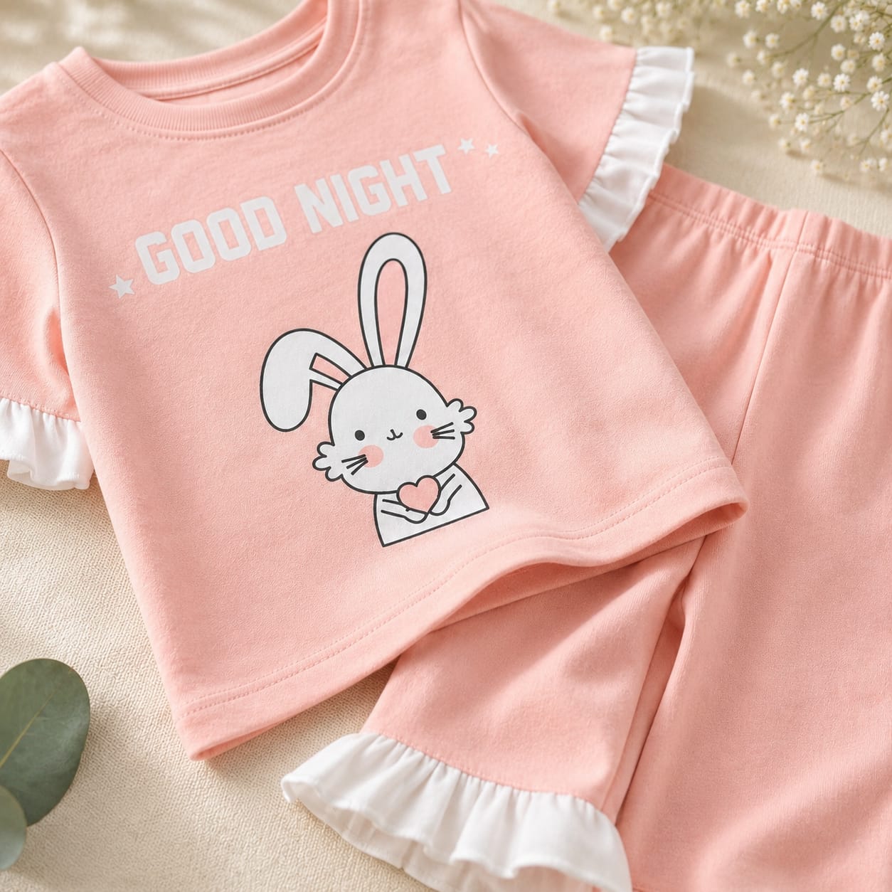Girls Peach Bunny Print T-Shirt & Trouser Set