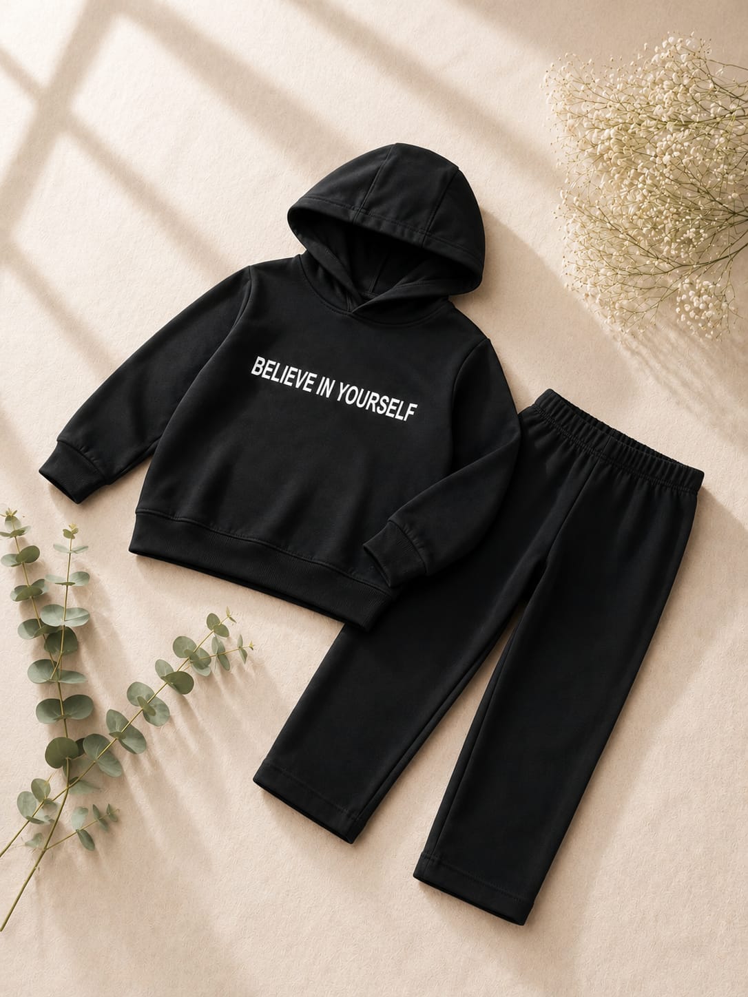 Girls Black "Believe in Yourself" T-Shirt & Trouser Set