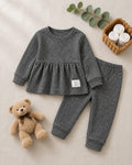 Plush Ribbed Knit Frock with Cuff Trousers - Charcoal