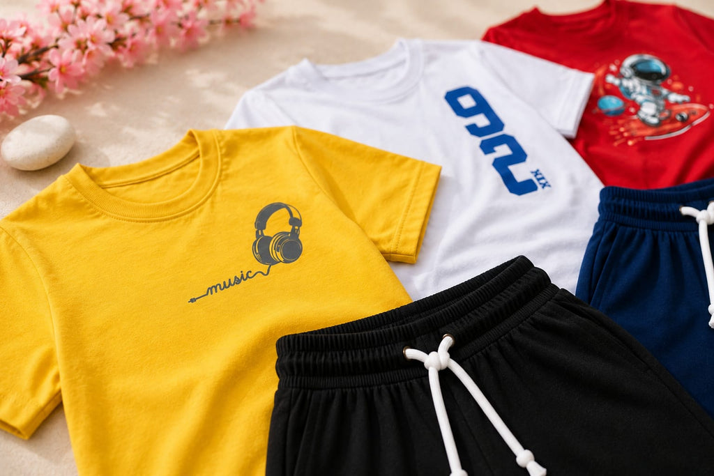 Boys Graphic Print T-Shirt & Shorts Set – Pack of 3 | Kids Summer Outfit