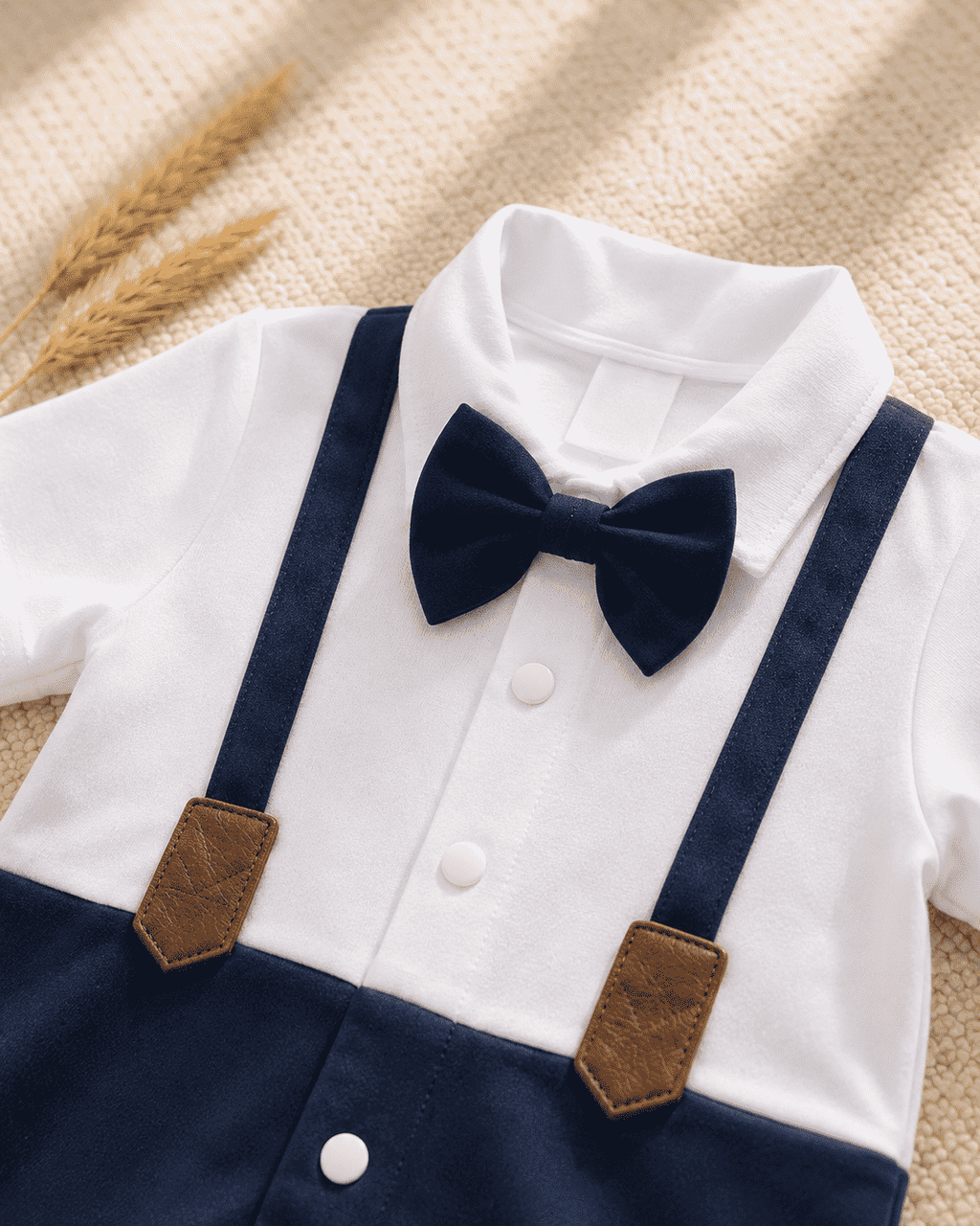 Baby Boy Navy Blue Romper with Bow Tie & Suspenders