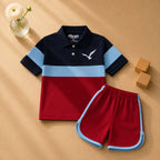 Plush-Baby Plaid Polo Shirt & Shorts-Blue-Red