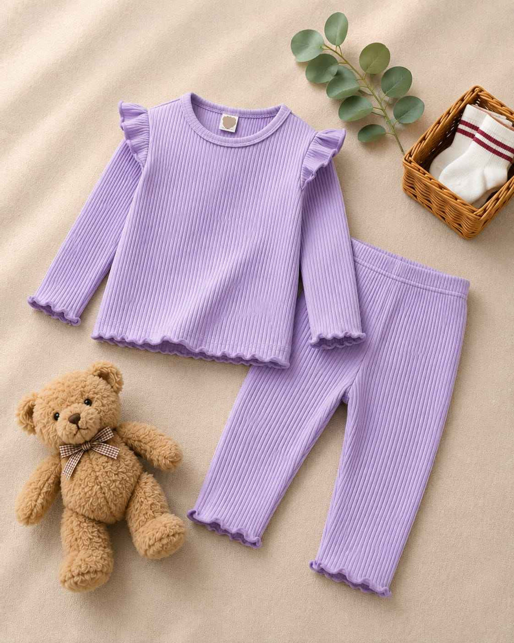 Plush Shoulder Frill Style Ribbed Knit Basic Set - Purple