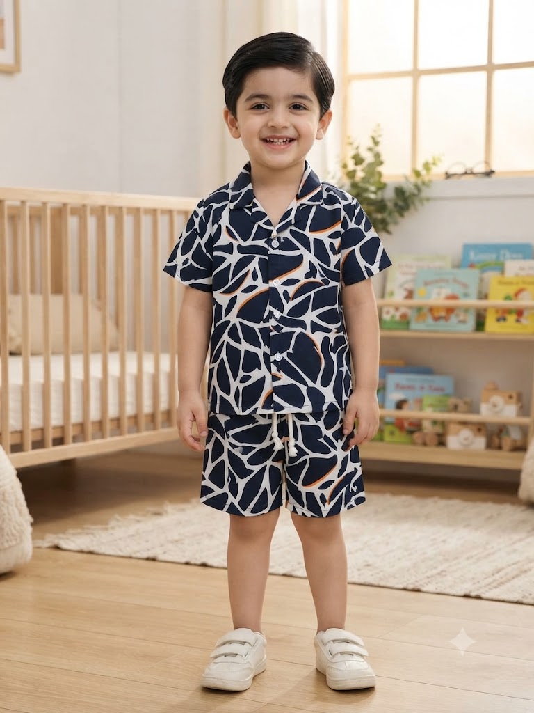Mini Aura Boys Shirt and Shorts Set (Abstract Leaf Print) – White & Black