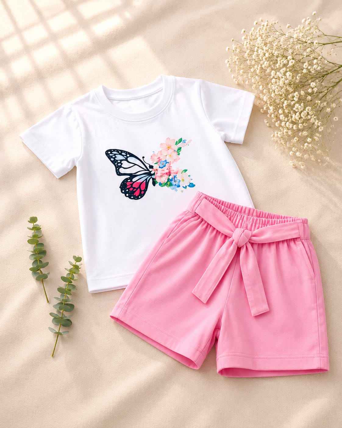Girls White & Pink Contrast T-Shirt & Shorts Set