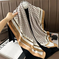 Cream silk scarf with brown monogram pattern and gold chain border