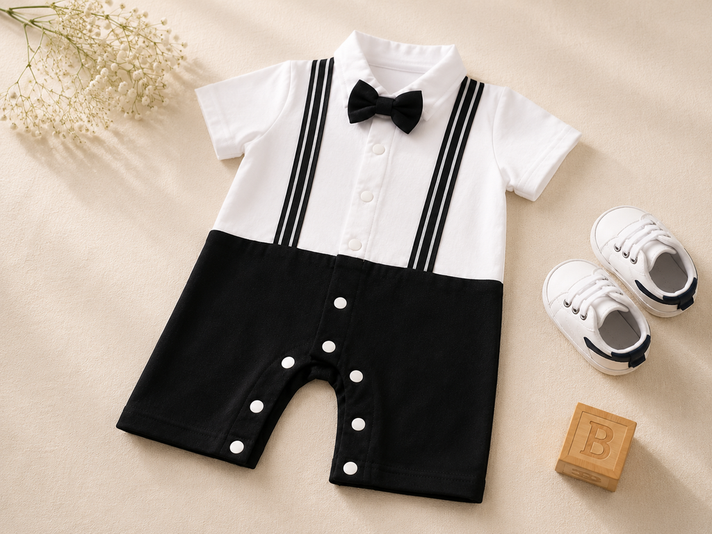 Baby Boy Bow Tie Romper | Polo Collar Suspender Bodysuit – Interlock Fabric
