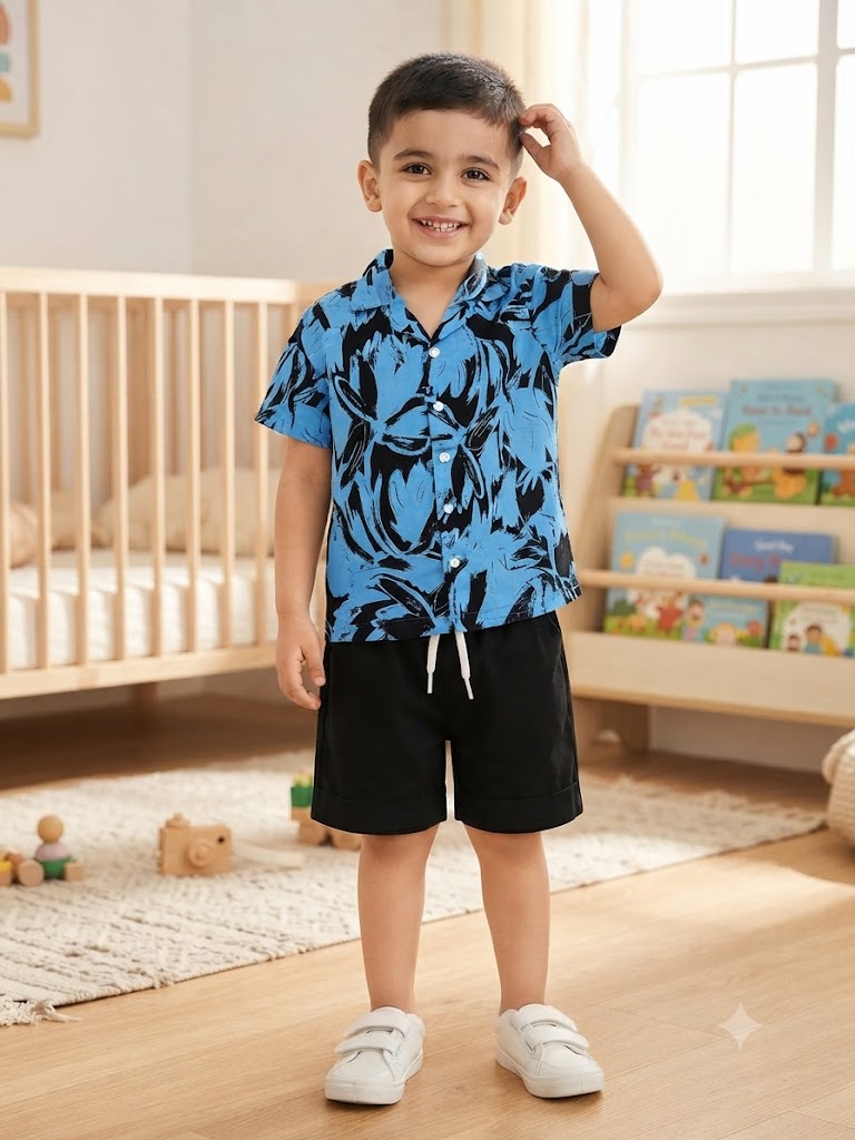 Mini Aura Boys Shirt and Shorts Set (Tropical Brush Print) – Sky Blue