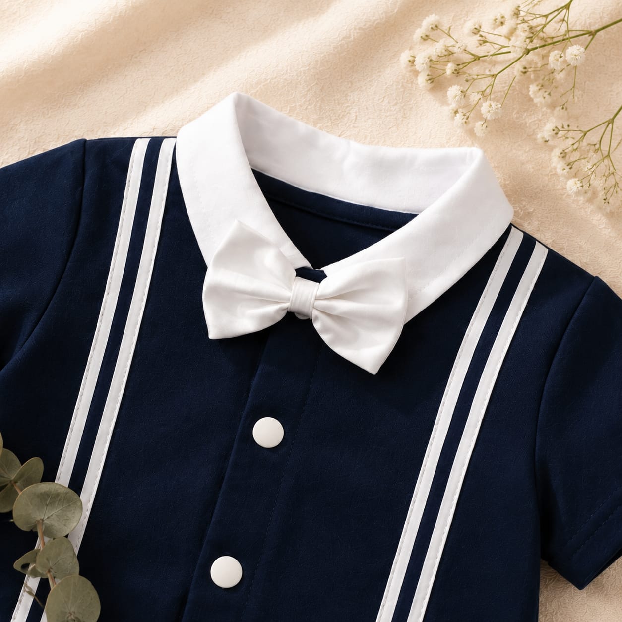 Navy Blue & White Bow Tie Polo Romper for Babies | Soft Interlock Bodysuit
