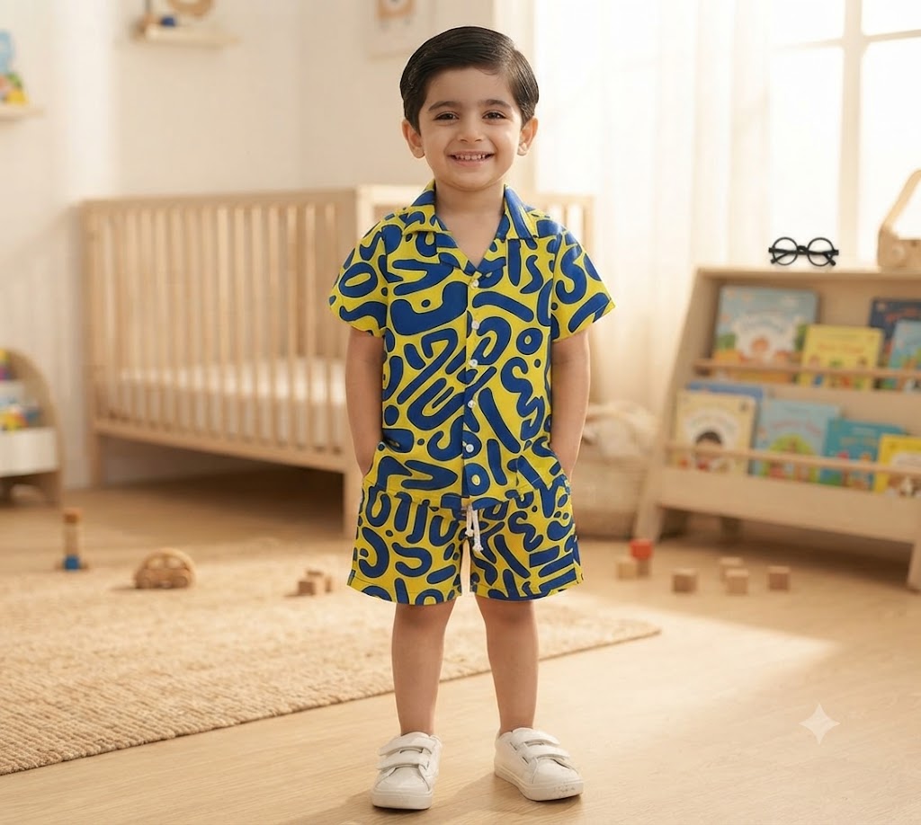 Mini Aura Boys Shirt and Shorts Set (Abstract Scribble Print) – Yellow & Blue