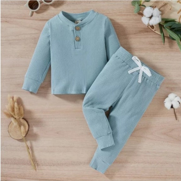 Plush-Waffle Textured Basic PJ Set-Blue