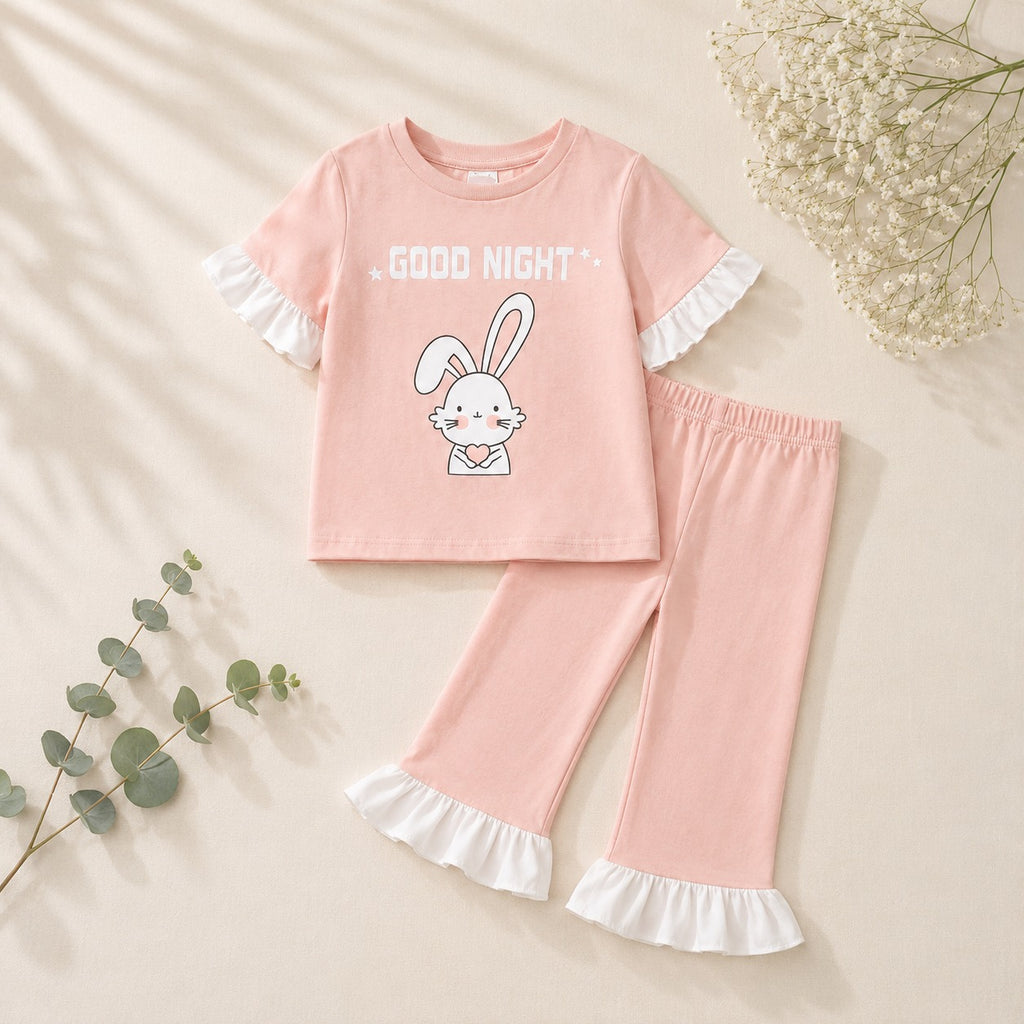 Girls Peach Bunny Print T-Shirt & Trouser Set