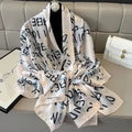 White silk-satin scarf with navy blue monogram letter print and solid white border
