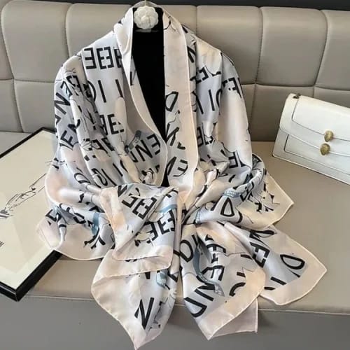 White silk-satin scarf with navy blue monogram letter print and solid white border