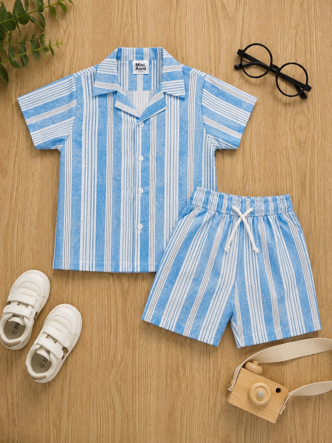 Boys light blue and white vertical striped short-sleeve button-down shirt and matching shorts set.