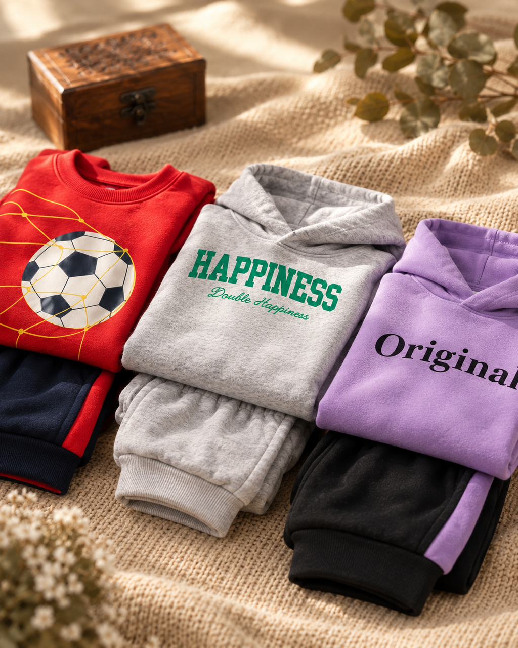 Pack of 3 Kids Sweatshirt & Jogger Sets: Soccer, Happiness & Original