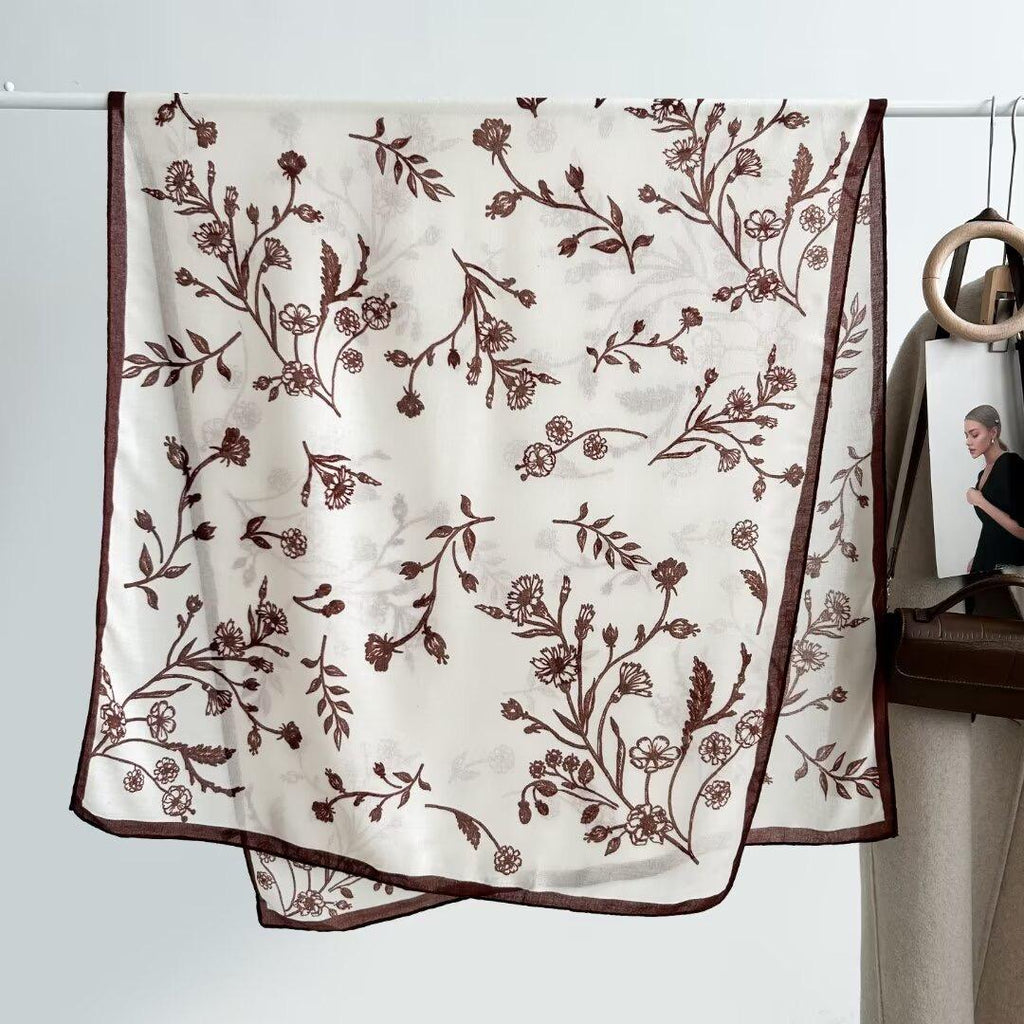 Cream silk-satin scarf with brown wildflower botanical print and espresso border