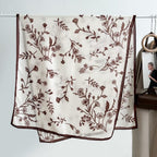 Cream silk-satin scarf with brown wildflower botanical print and espresso border