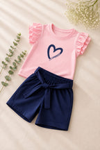 Girls Pink & Navy Heart Print T-Shirt & Shorts Set