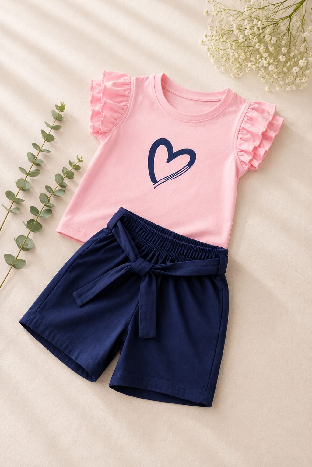 Girls Pink & Navy Heart Print T-Shirt & Shorts Set
