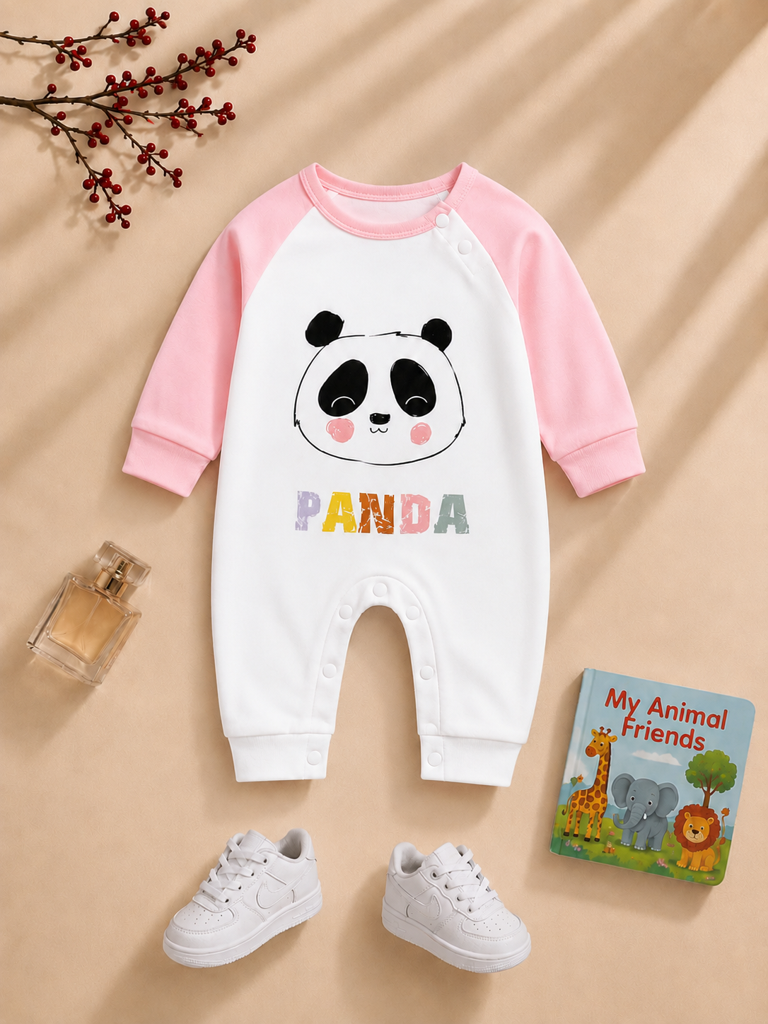 Plush - Printed Romper - Pink Panda Contrast
